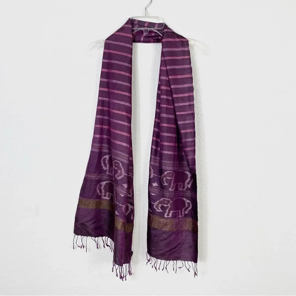Island Mountain Thai Silk Purple Striped Elephant Print Fringe Scarf